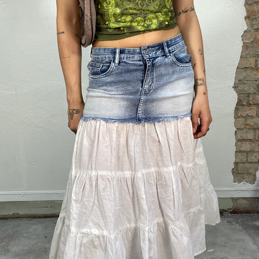 Vintage 90's Downtown Girl Denim and White A-Line Midi Skirt (S/M)