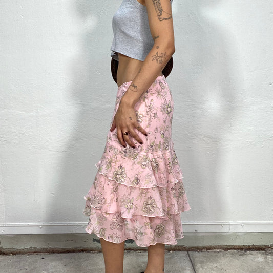 Vintage 2000's Sleaze Pink Midi Layered Skirt with Slit (M)