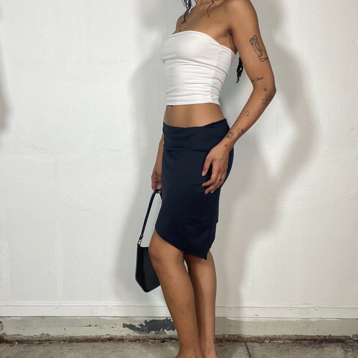 Vintage 2000's Clubwear Black Midi Skirt with Asymmetrical Cut (S/M)