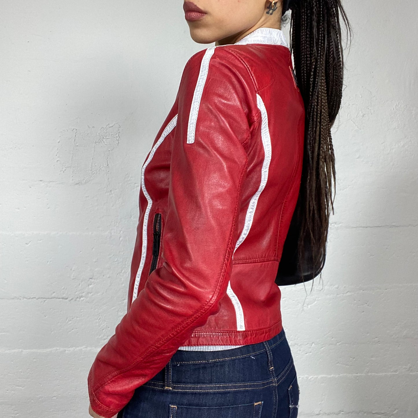 Vintage 2000's Sporty Red Short Leather Racers Jacket with White "Racing Team" Print Detail (S)