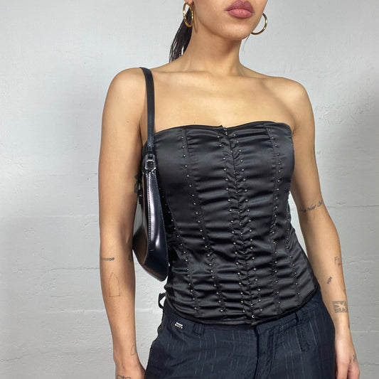 Vintage 90's Whimsigoth Black Satin Corset Top with Beaded Detail (S)