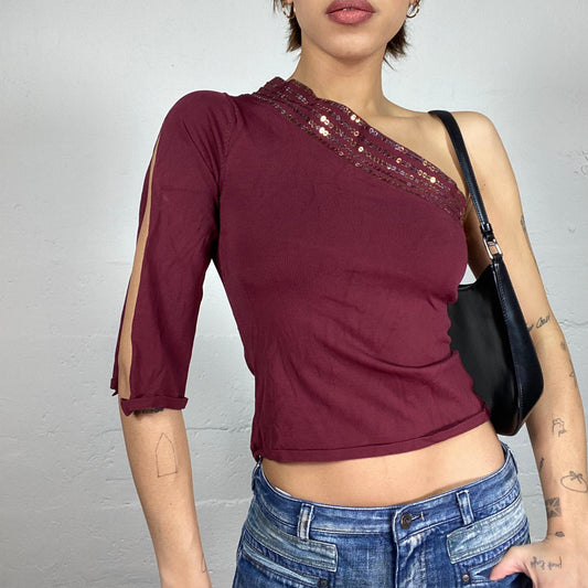 Vintage 2000's Indie Garnet One Shoulder Top with Sequins Trim Detail (S/M)