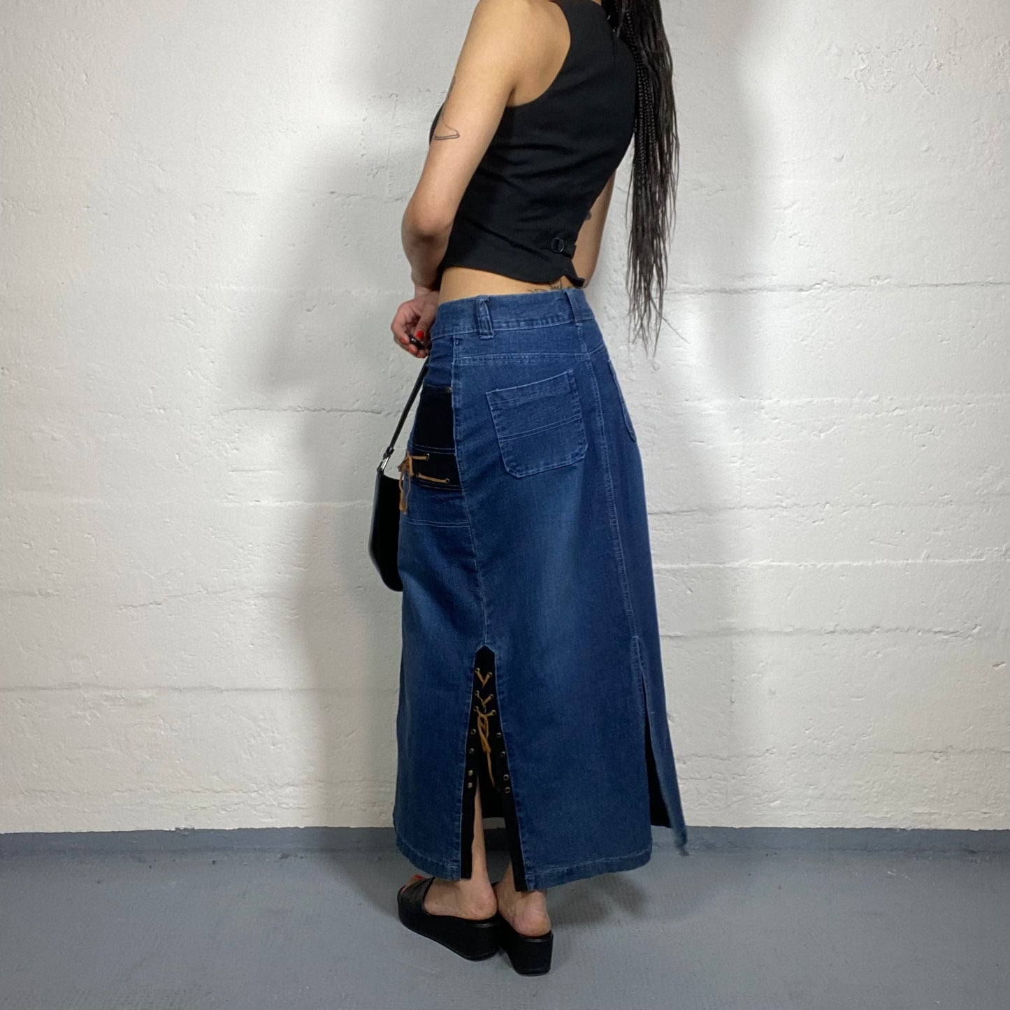 Vintage 2000's Downtown Girl Denim Maxi Skirt with Brown Lace Up Detail (M)