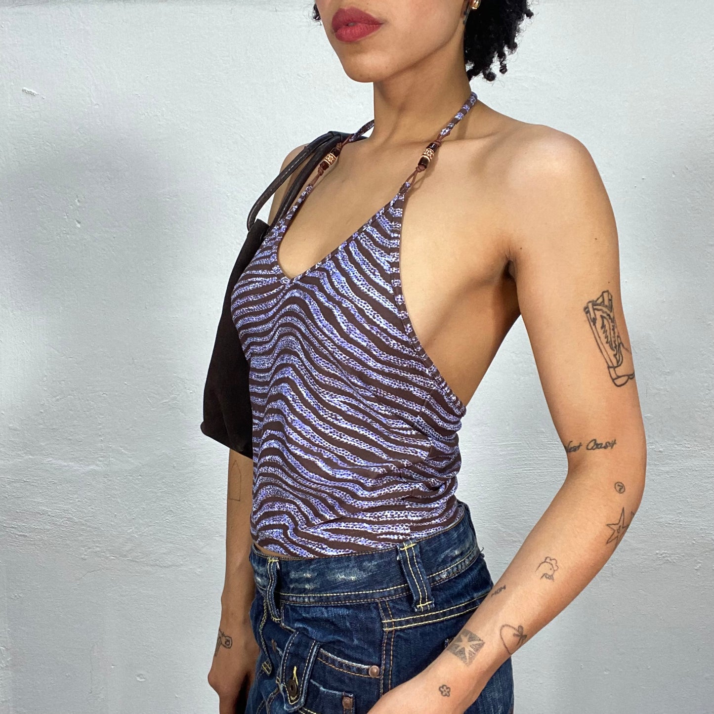Vintage 2000's Indie Brown and Purple Glittery Halter Neck Top (S/M)