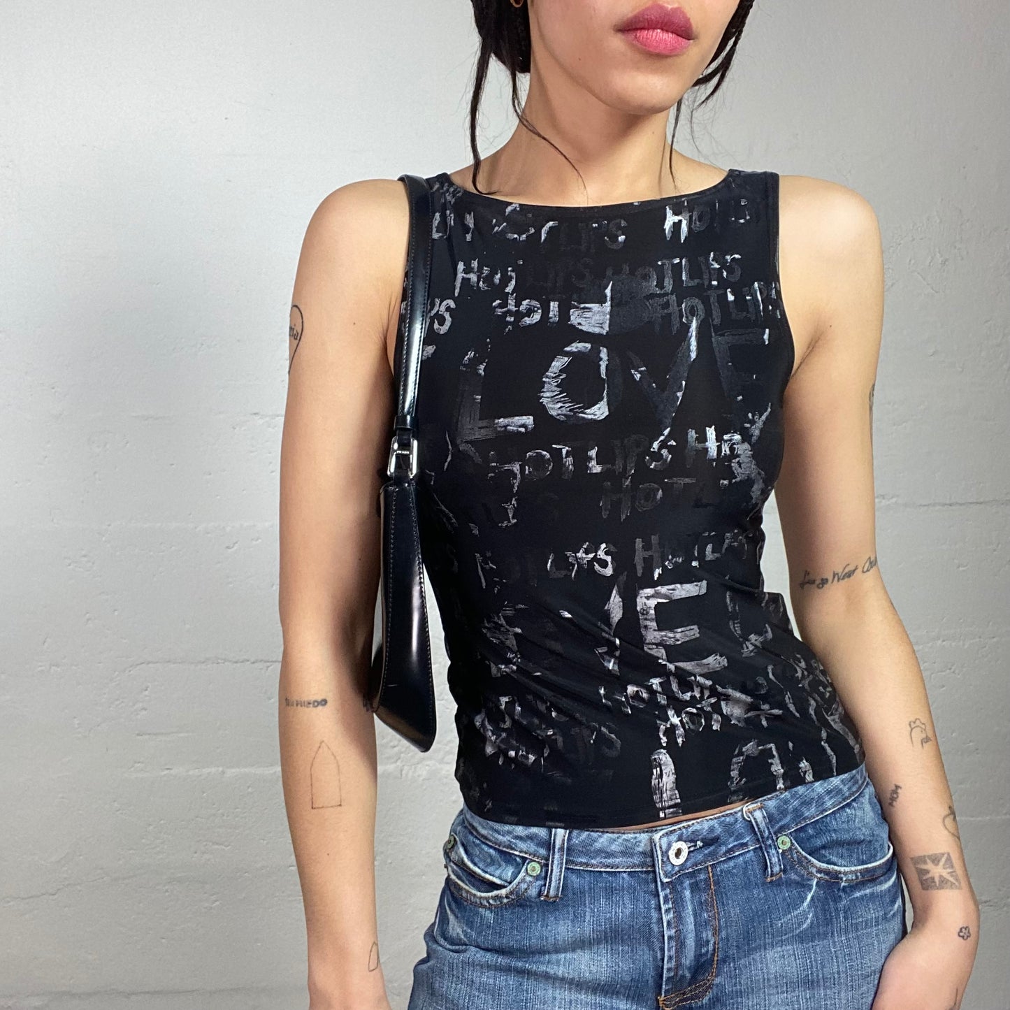 Vintage 2000's Sleaze Black Top with Grey "Love" Printed Text Covering (S)