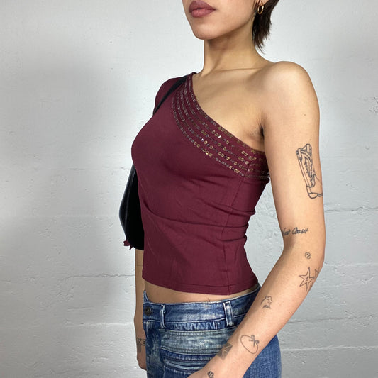Vintage 2000's Indie Garnet One Shoulder Top with Sequins Trim Detail (S/M)