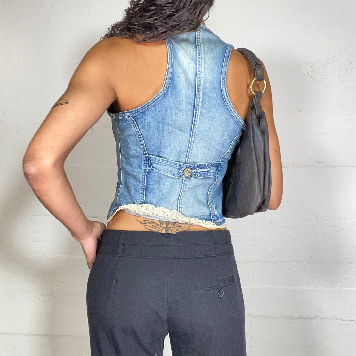 Vintage 2000's Indie Denim Open Vest with Off White Lace Trim Detail (S)