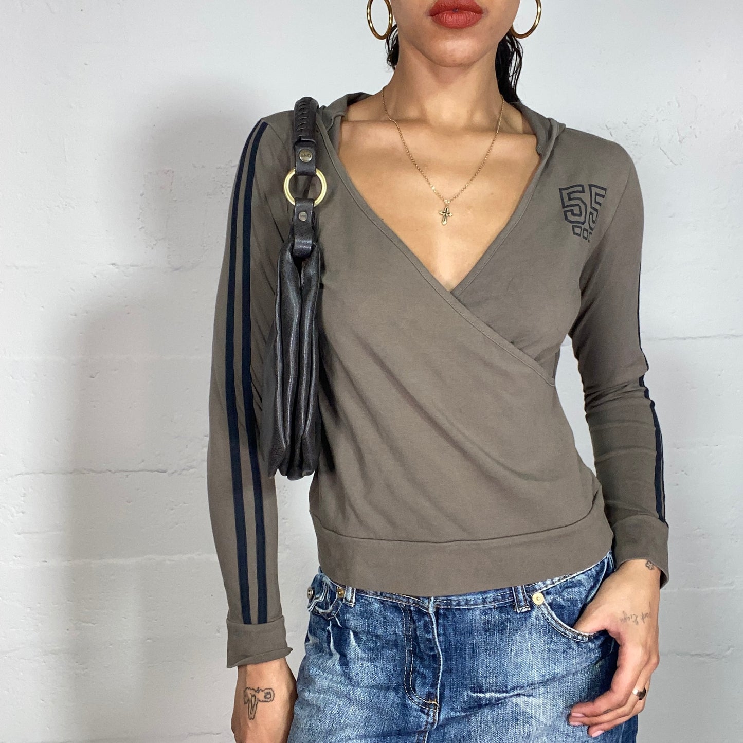 Vintage 2000's Downtown Girl Khaki Hooded Sweat Top with "55" Print (S)