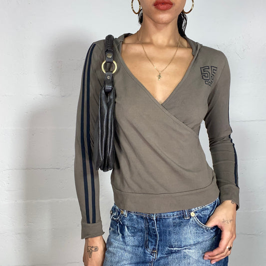 Vintage 2000's Downtown Girl Khaki Hooded Sweat Top with "55" Print (S)