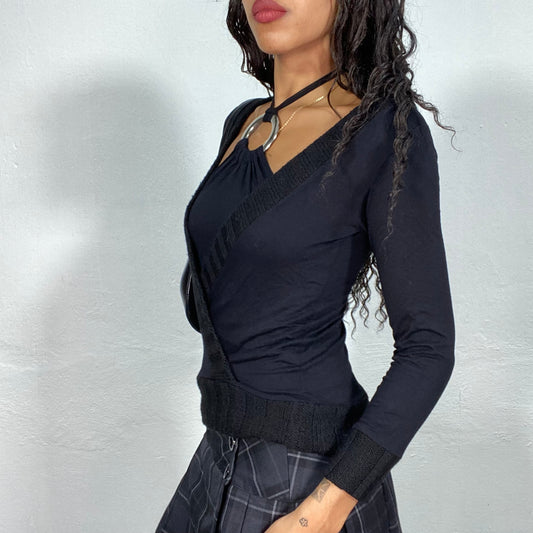 Vintage 2000's Classic Black Layered Wraped Top with Ring Detail and Crochet Trim(S/M)