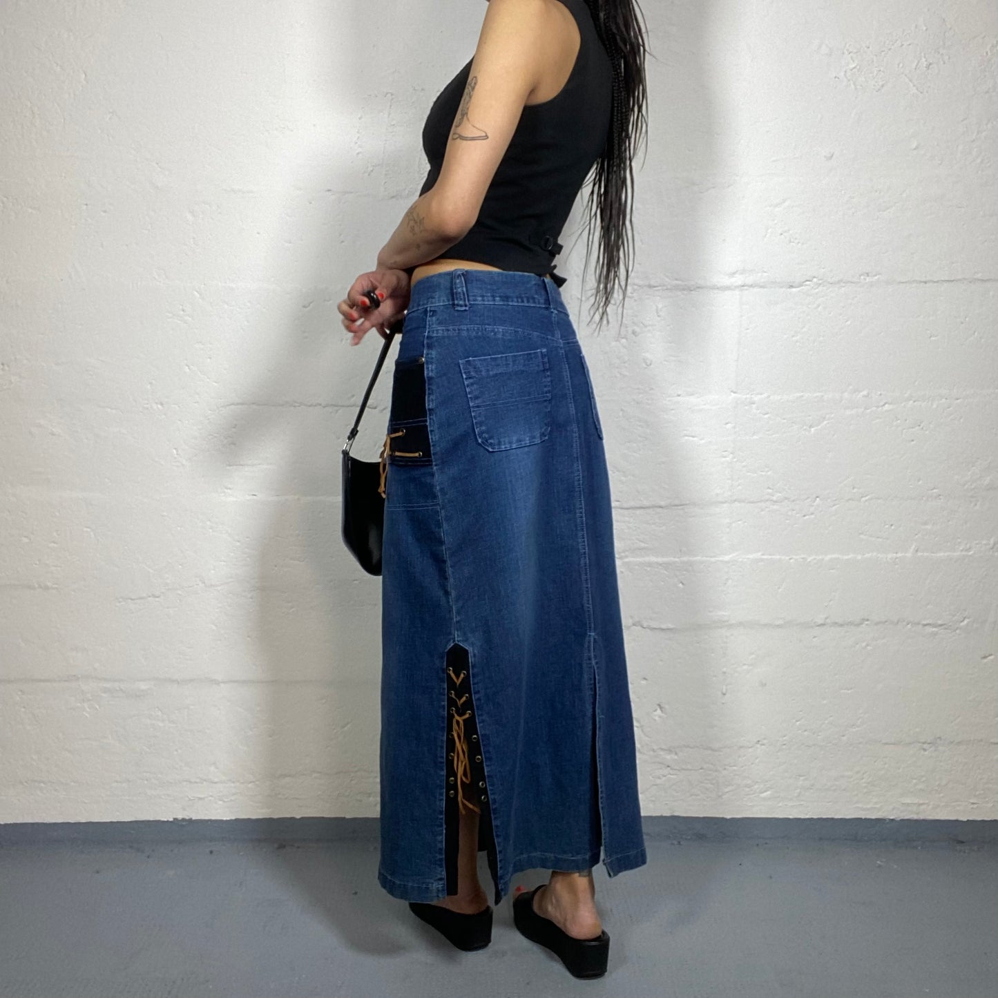 Vintage 2000's Downtown Girl Denim Maxi Skirt with Brown Lace Up Detail (M)