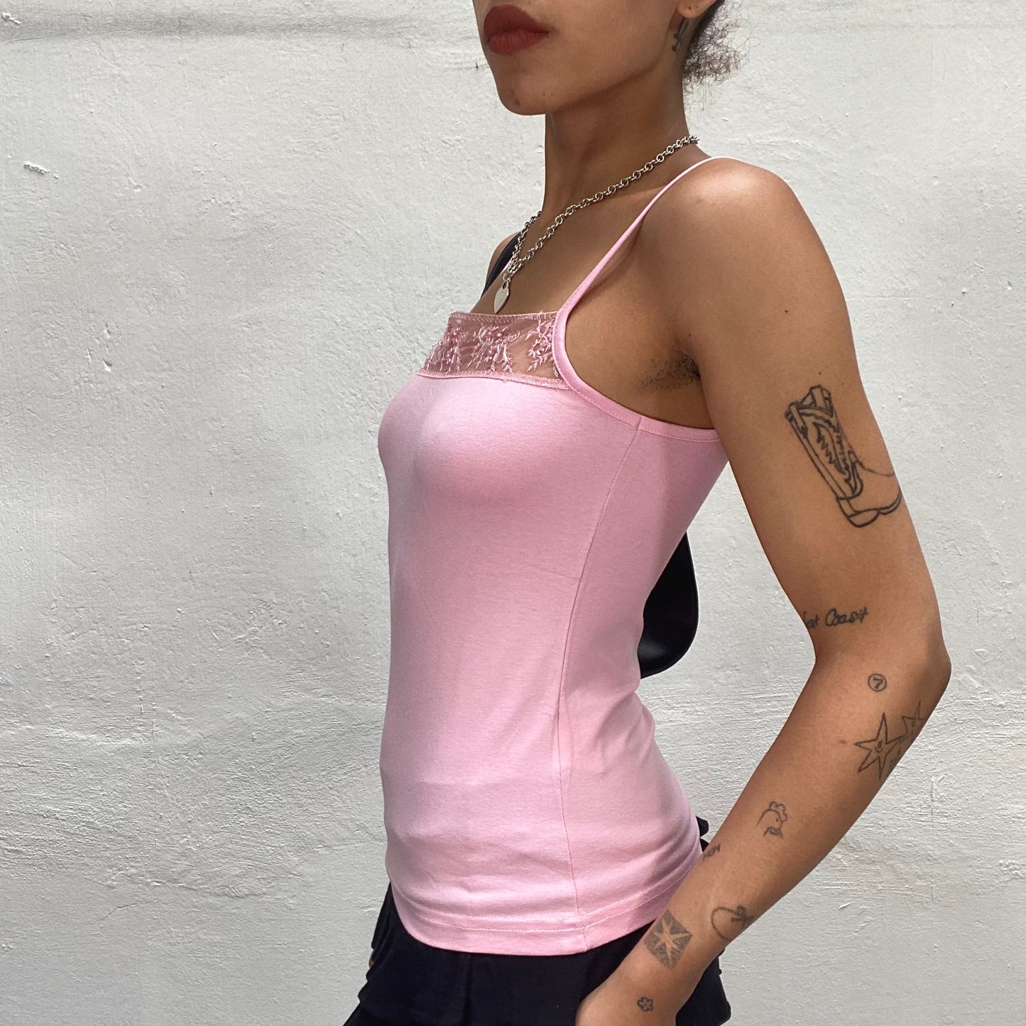 Vintage 2000's Coquette Pink Cami Top with Mesh Square Neckline and Floral Lace Detail (S/M)