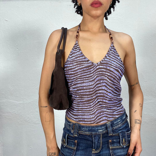 Vintage 2000's Indie Brown and Purple Glittery Halter Neck Top (S/M)