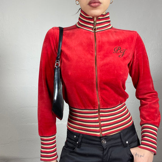 Vintage 2000's Pepe Jeans Downtown Girl Red Zip Up Velvet Jacket with Stripes Print Detail (S)