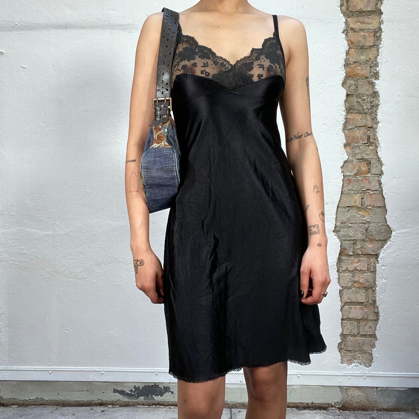 Vintage 2000's Seethrough Mini Black Cami Dress with Lace Detail (S/M)