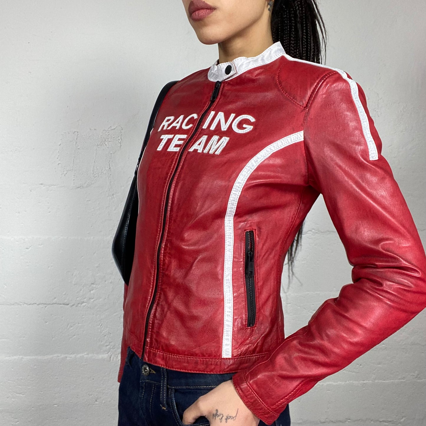 Vintage 2000's Sporty Red Short Leather Racers Jacket with White "Racing Team" Print Detail (S)