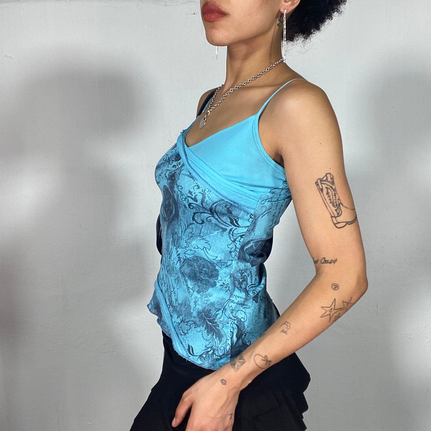 Vintage 2000's Indie Summer Blue op with Writing and Rose Print (S)