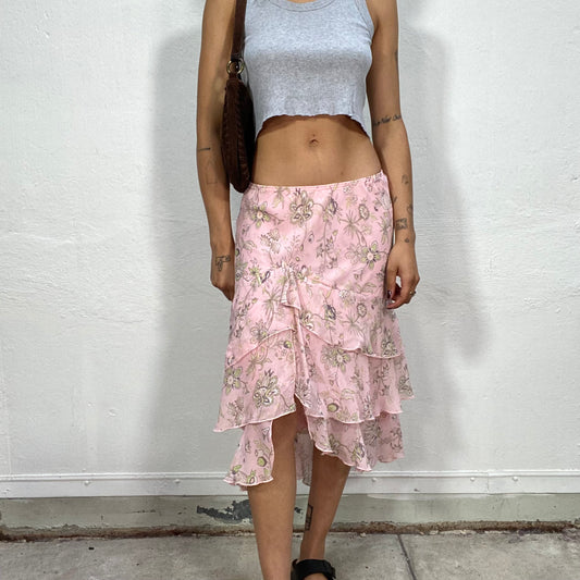 Vintage 2000's Sleaze Pink Midi Layered Skirt with Slit (M)