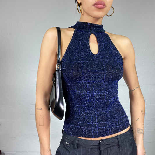 Vintage 2000's Clubwear Black Neckholder Top with Navy Blue Glitter Print (XS)