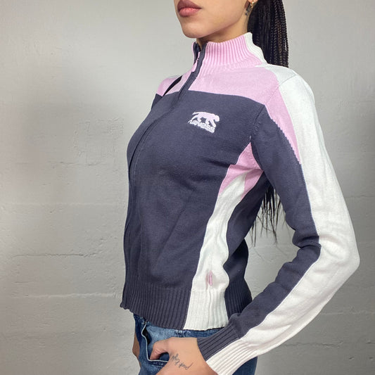 Vintage 2000's Airness College Girl Grey and Pink Zip-Up Hoodie with Brand Patch Detail (S)