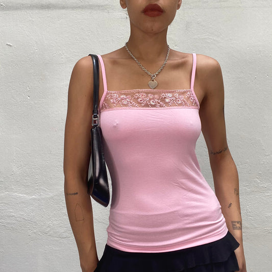 Vintage 2000's Coquette Pink Cami Top with Mesh Square Neckline and Floral Lace Detail (S/M)