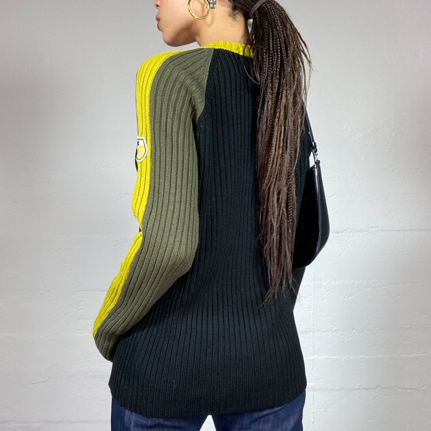 Vintage 2000's Sporty Black, Yellow and Khaki Coloured Arm Pullover with 9 Patched Number Detail (M)