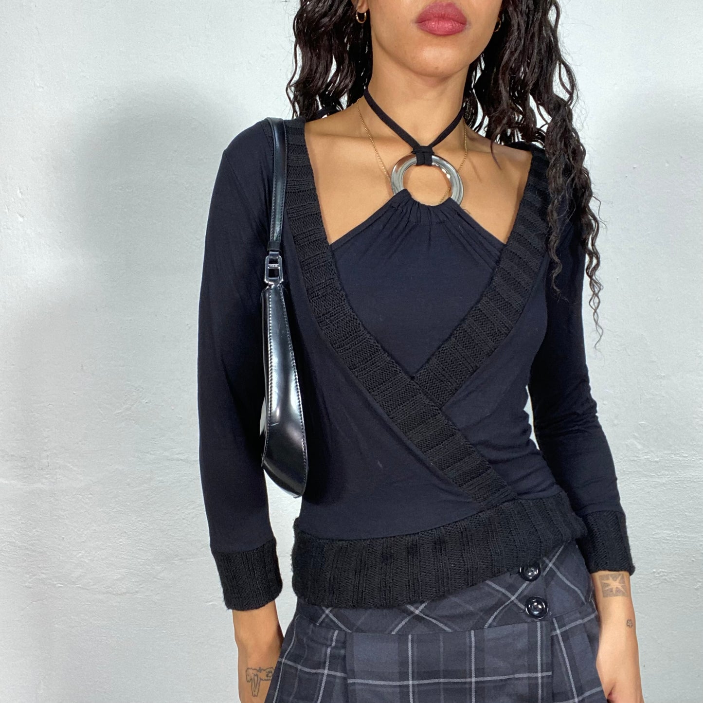 Vintage 2000's Classic Black Layered Wraped Top with Ring Detail and Crochet Trim(S/M)