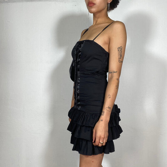 Vintage 2000's Gothic Black Mini Dress with Lace Ups Detail (S)