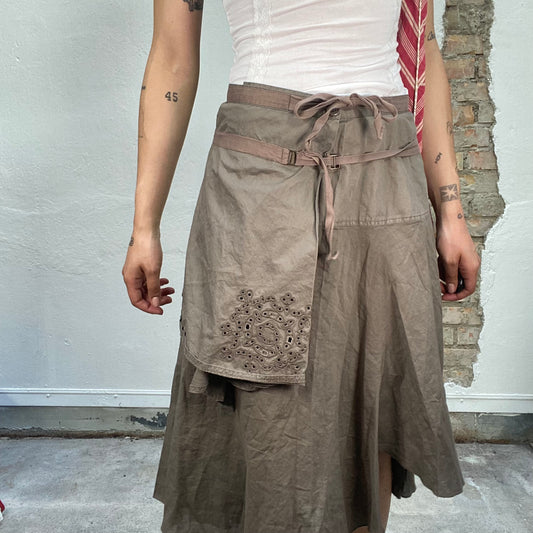 Vintage 90's Grunge Khaki Midi Skirt with Waist String and Embroidery Details (S)