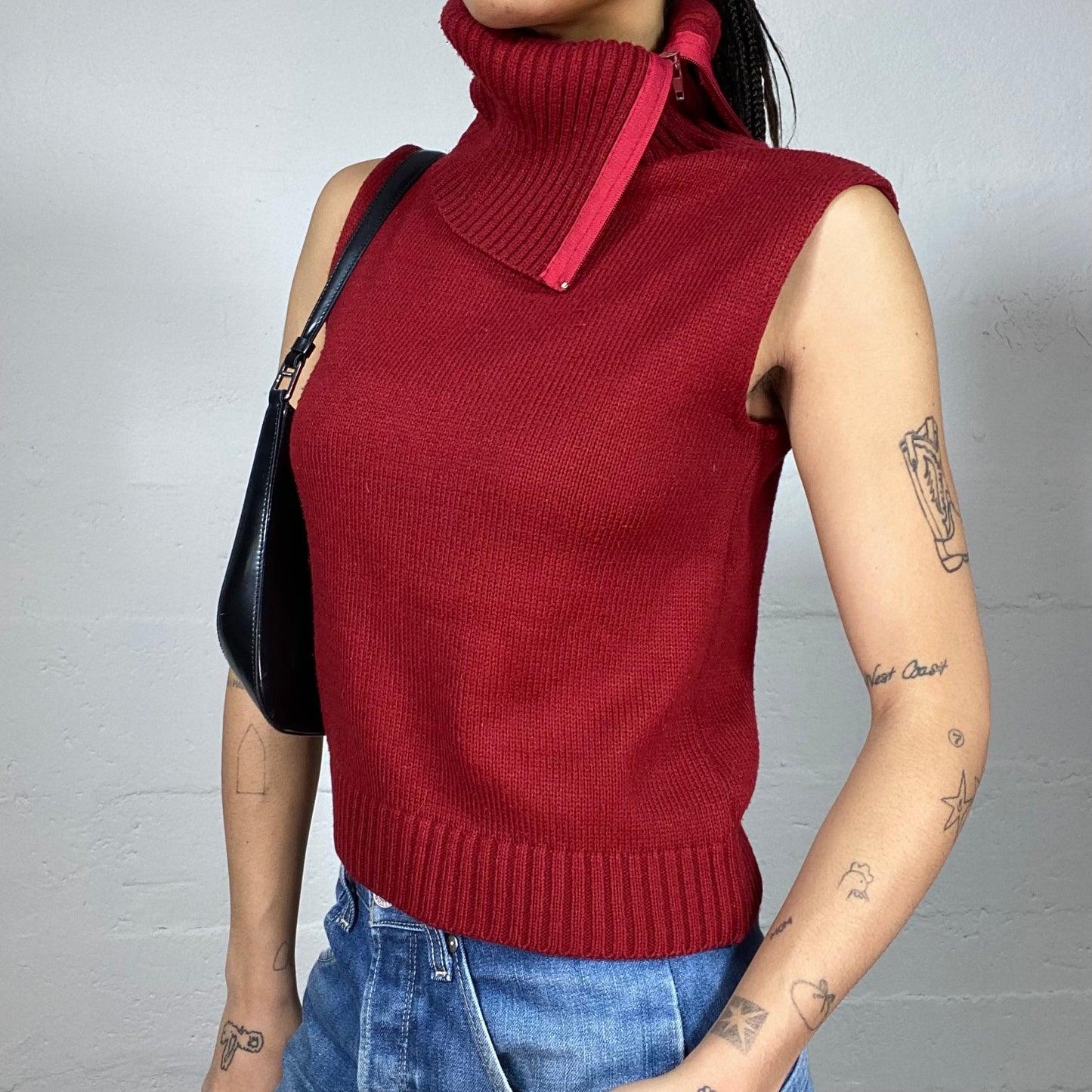Vintage 2000's Techwear Girl Red Highneck Vest with Asymmetric Cut Detail (S/M)