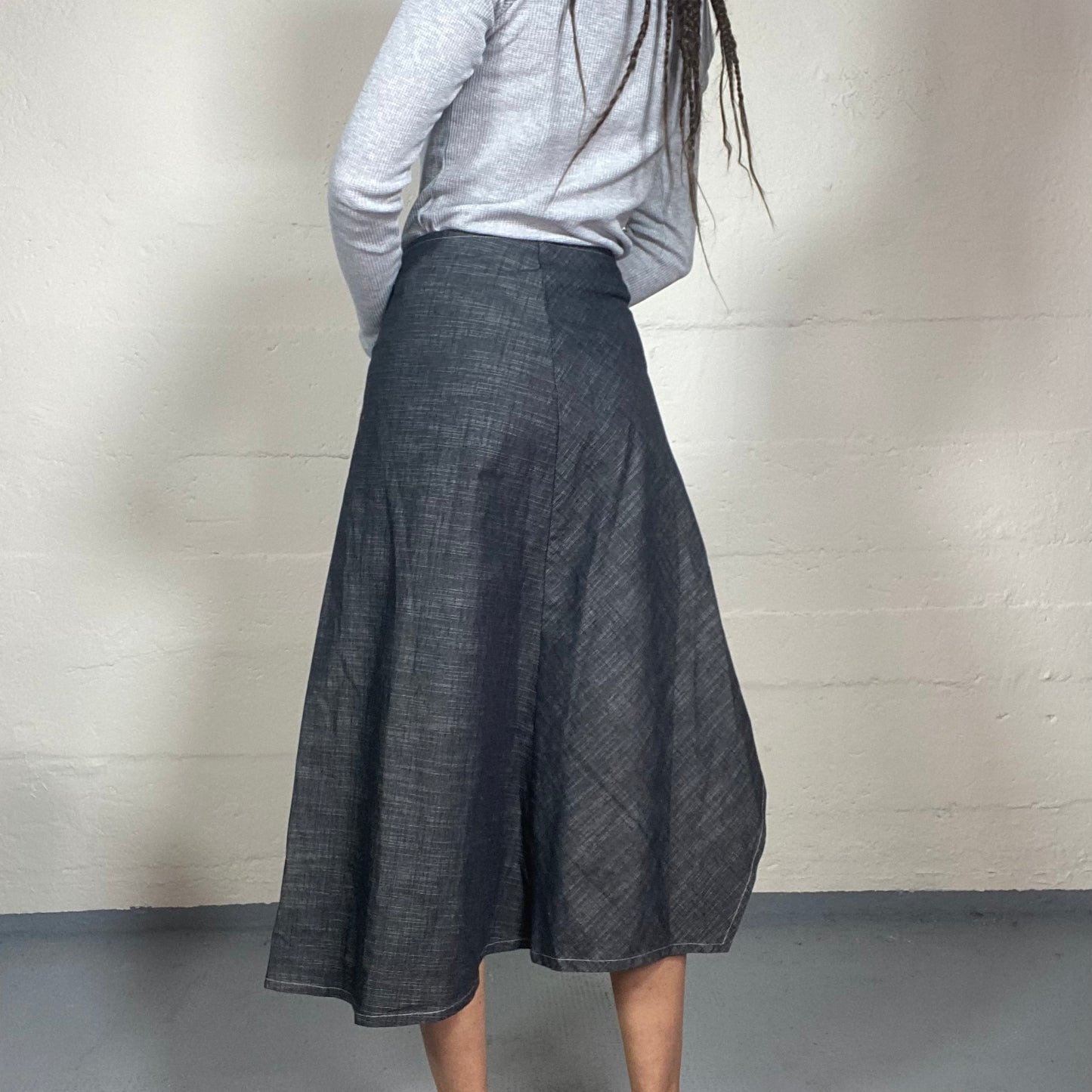 Vintage 2000's Hippie Girl Grey Denim Maxi Skirt with Drapped Slit Detail (S)