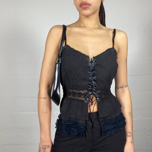 Vintage 90's Goth Black Lace Up Corset Top with Lace Material Cover (S)