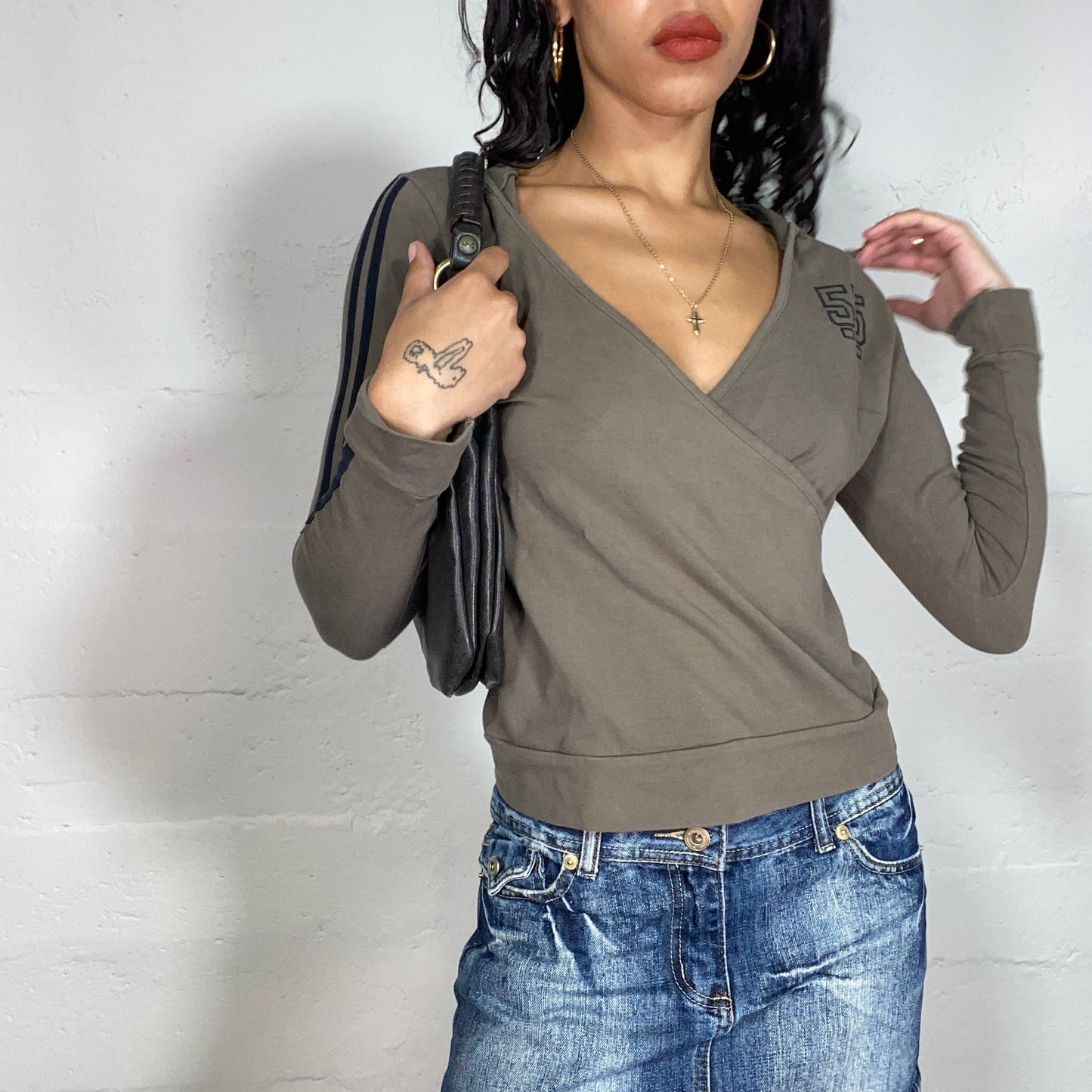 Vintage 2000's Downtown Girl Khaki Hooded Sweat Top with "55" Print (S)