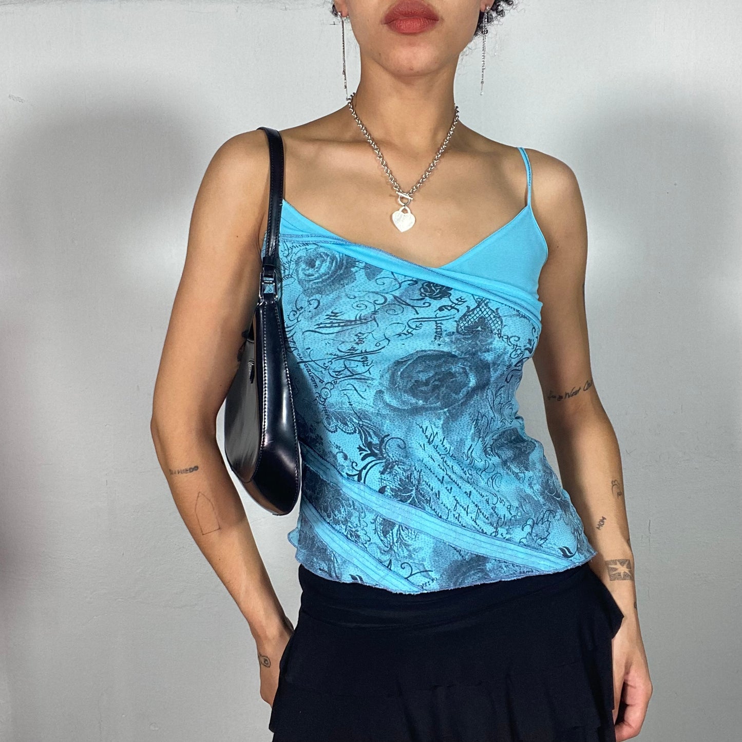 Vintage 2000's Indie Summer Blue op with Writing and Rose Print (S)