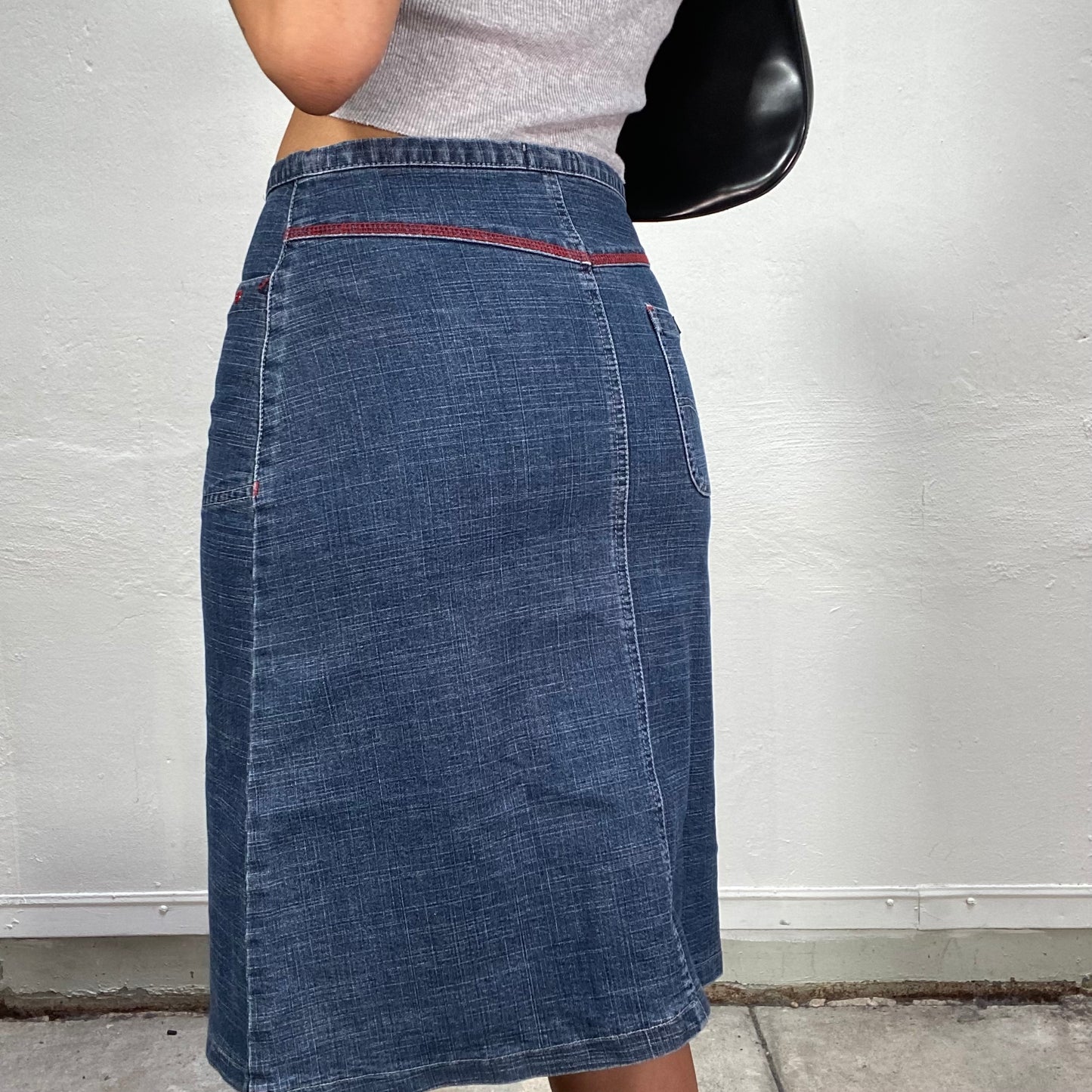 Vintage 2000's Downtown Girl Denim Midi Skirt with Red Stud Detail (M)