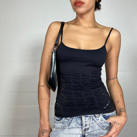 Vintage 90's Clubwear Black Top with Ruffled Part and Rhombuses Hole Detail (S)