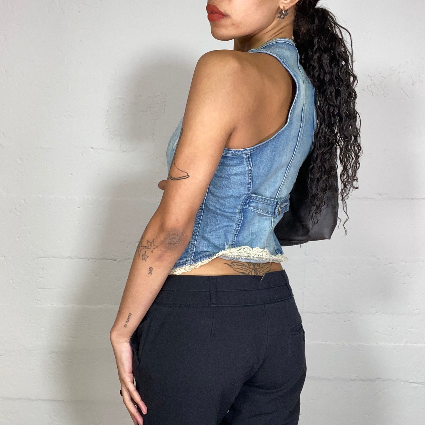 Vintage 2000's Indie Denim Open Vest with Off White Lace Trim Detail (S)