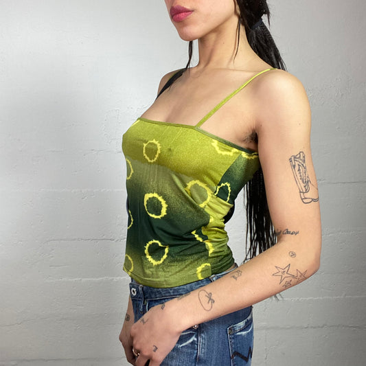 Vintage 2000's Boho Green Degradé Tie Dye Top with Sun Print (S/M)