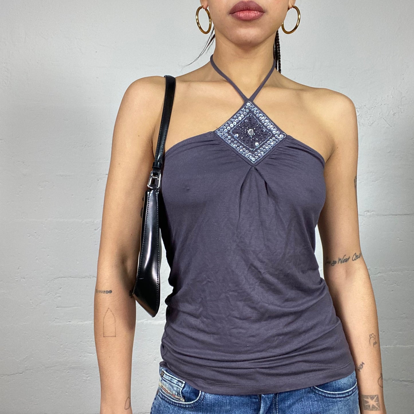 Vintage 2000's Clubwear Grey Neckholder Top with Diamond Shape & Rhinestones Detail (S)