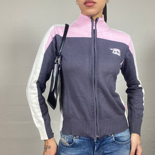 Vintage 2000's Airness College Girl Grey and Pink Zip-Up Hoodie with Brand Patch Detail (S)