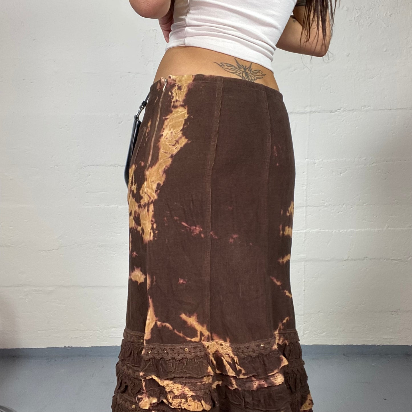 Vintage 2000's Archive Brown Tie Dye Maxi Skirt with Volant Bottom Detail and Embroidery(S)