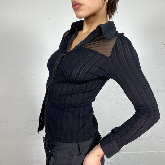 Vintage 2000's English It Girl Black Mesh Longsleeve Button Up Shirt (M)