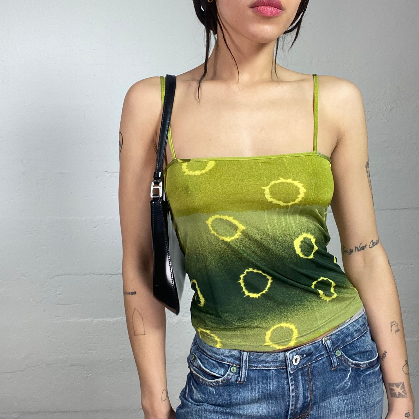 Vintage 2000's Boho Green Degradé Tie Dye Top with Sun Print (S/M)