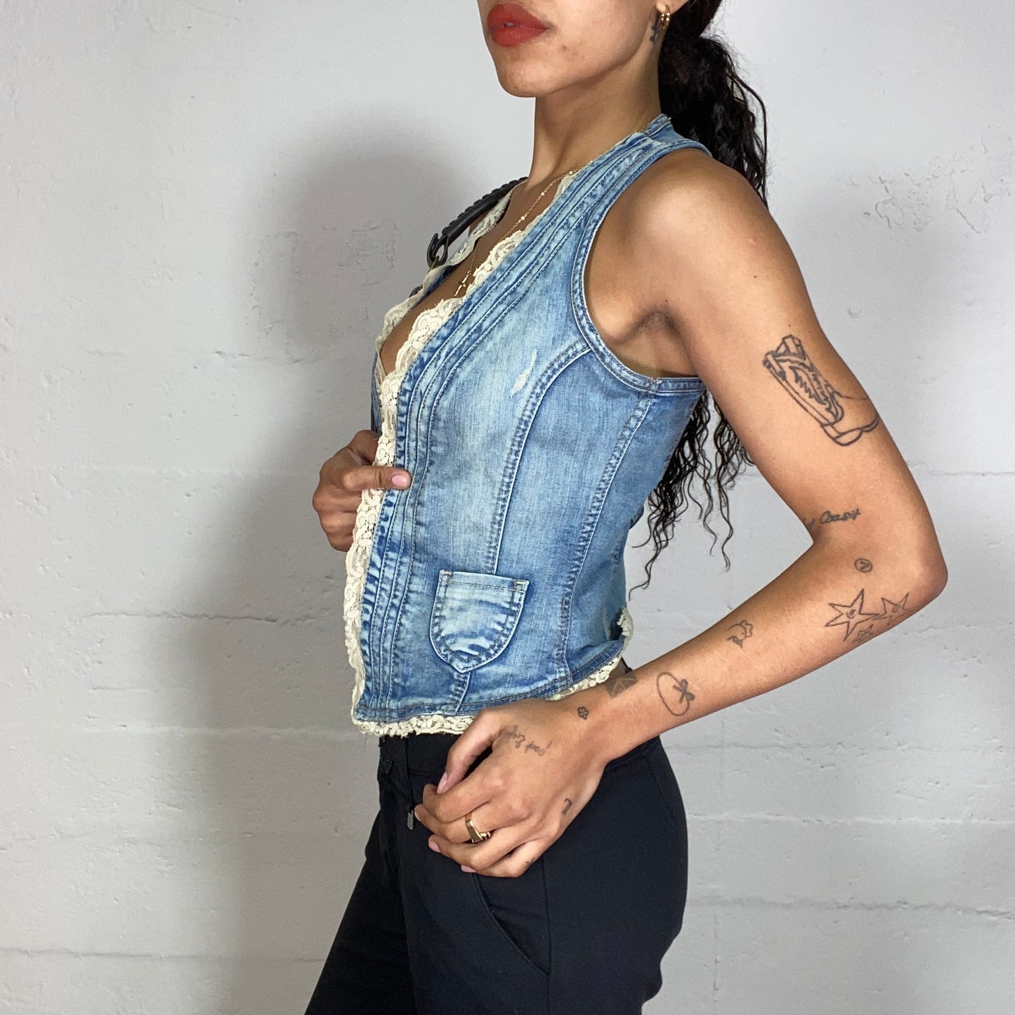 Vintage 2000's Indie Denim Open Vest with Off White Lace Trim Detail (S)