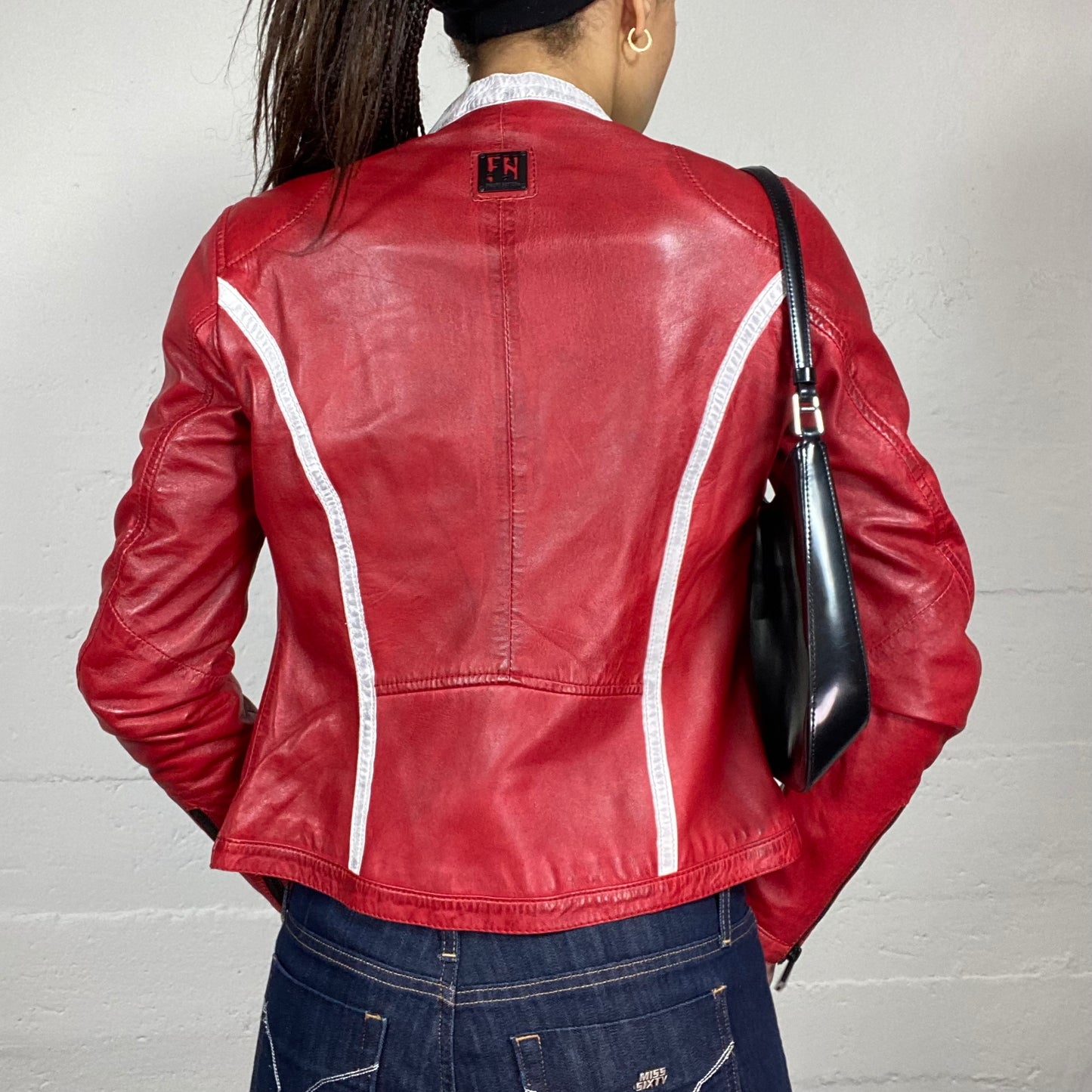 Vintage 2000's Sporty Red Short Leather Racers Jacket with White "Racing Team" Print Detail (S)