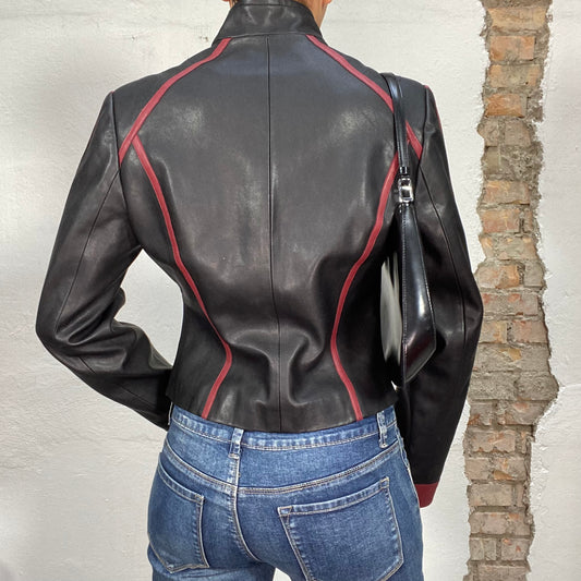 Vintage 2000's Racer Black Leather Jacket with Red Stripes (S)