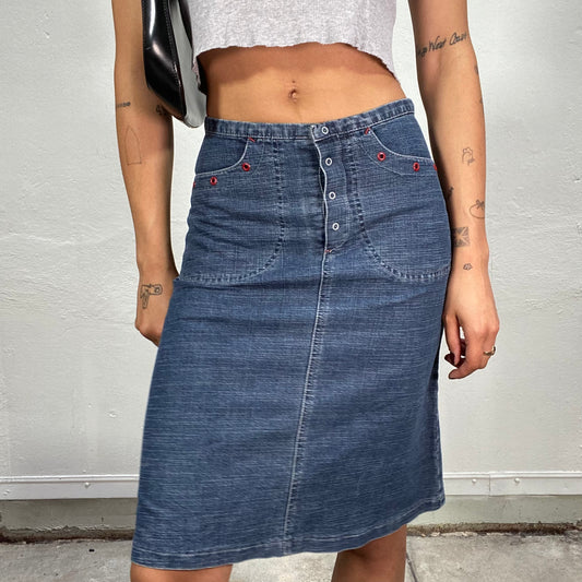 Vintage 2000's Downtown Girl Denim Midi Skirt with Red Stud Detail (M)