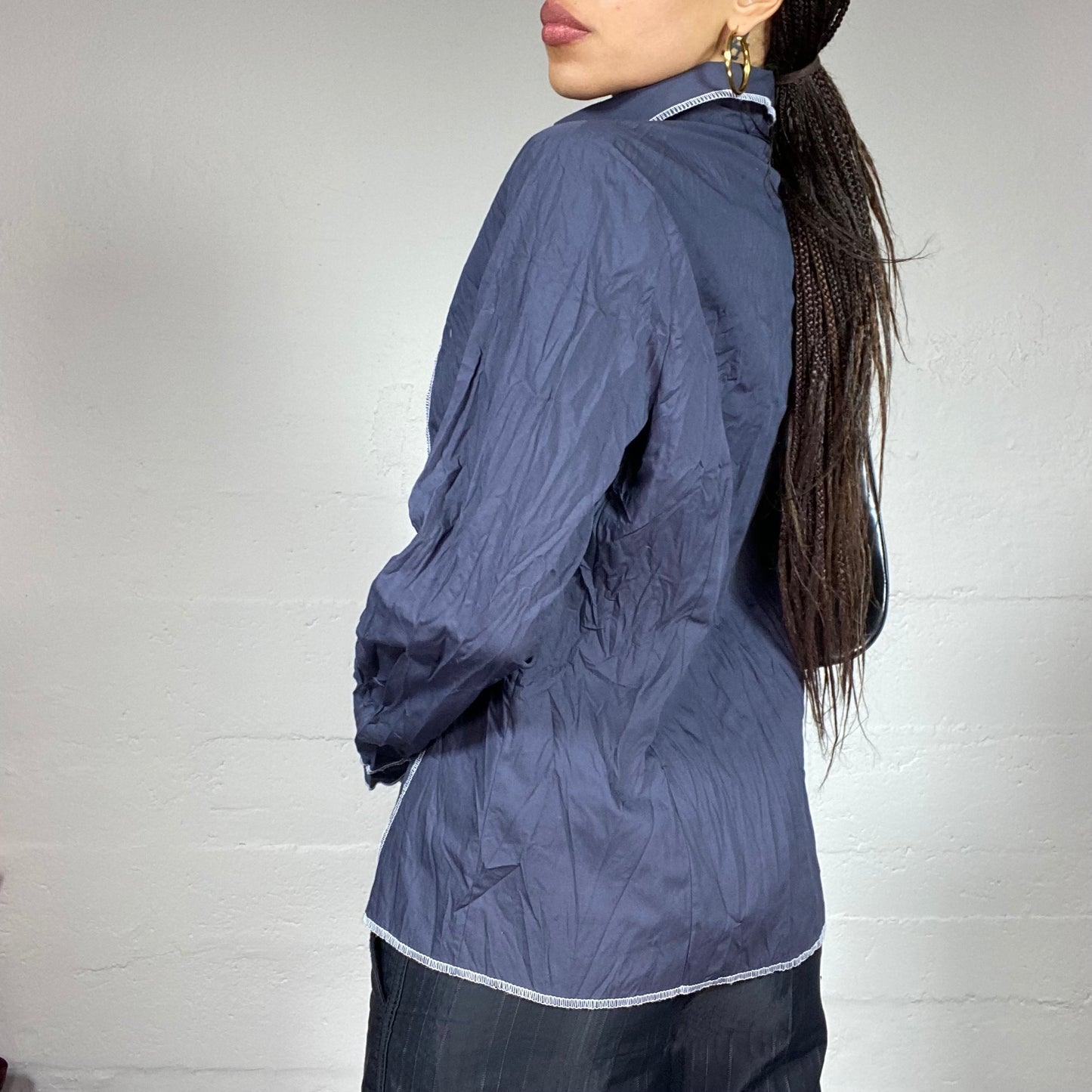 Vintage 2000's Indie Blue Button Up Shirt with Ruched Print (M)