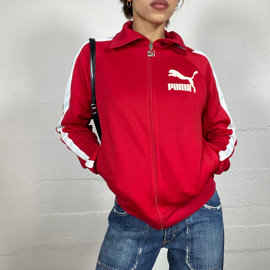 Vintage 2000's Puma Sporty Red Zip Up Oversized Sweater with White Brand Print (M)