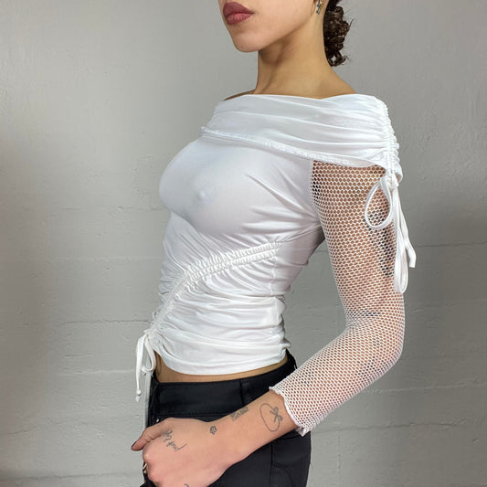 Vintage 90's Rave White Off Shoulder Top with Maille Sleeves Detail (S/M)